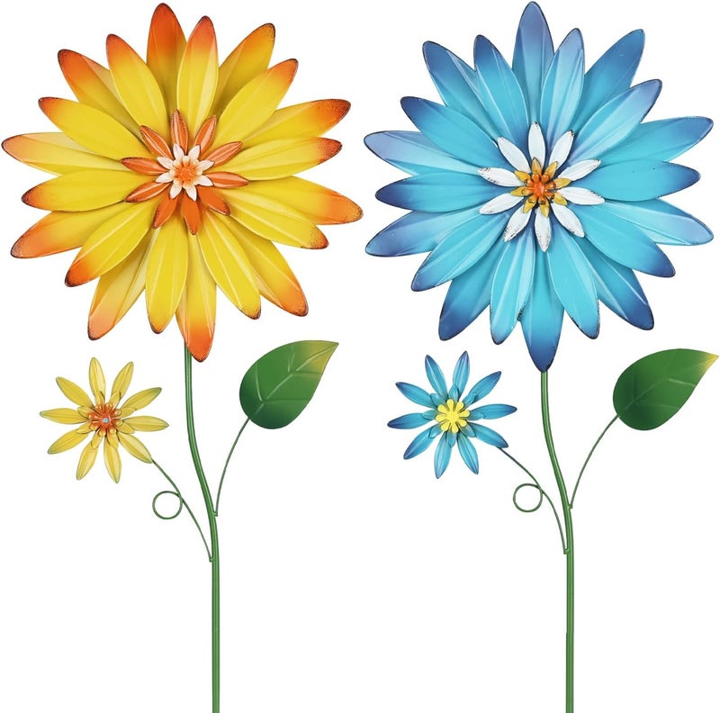 YEAHOME Garden Decor for Outside, 35.4“ Set of 2 Metal Flowers Decorative Garden Stakes for Spring Decor, Yard Art Flower Stakes for Outdoor Lawn Backyard Porch Garden Decorations (Yellow, Blue) - Image 1